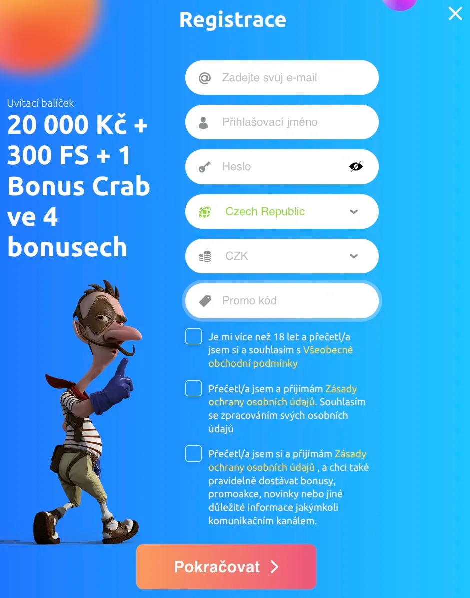 Registrační formulář v Cadoola casino